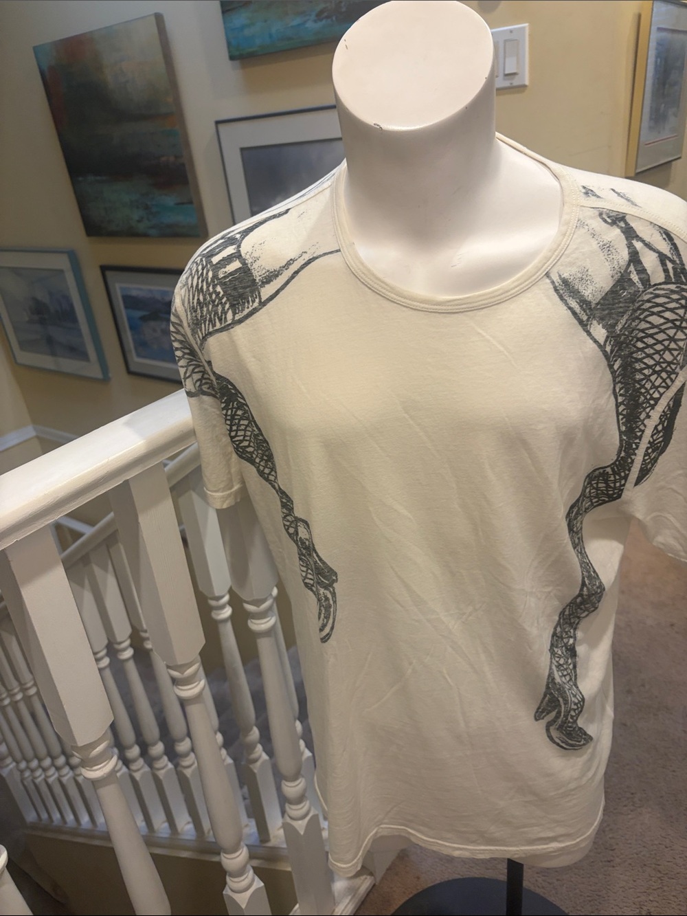 John Varvatos Cream Short Sleeve Tee with Dark Black Suspenders Graphic